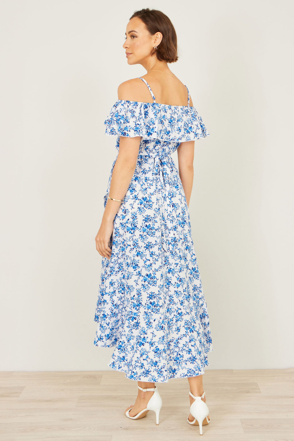 Yumi Blue Floral Print Bardot Midi Dress With Dip Hem