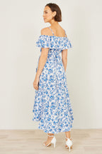 Yumi Blue Floral Print Bardot Midi Dress With Dip Hem