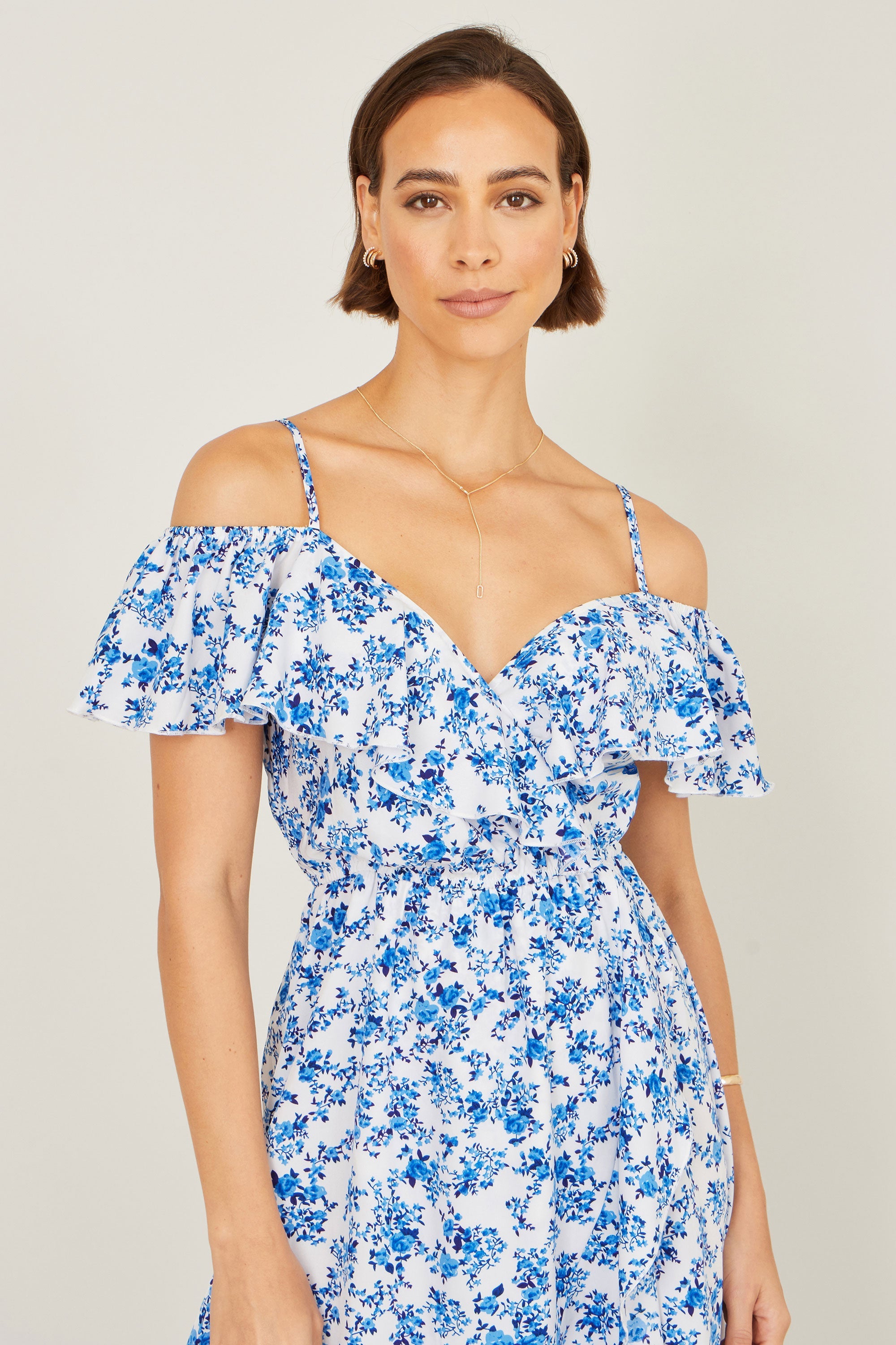 Yumi Blue Floral Print Bardot Midi Dress With Dip Hem