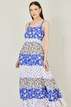 Yumi White And Blue Rayon Patchwork Print Tiered Maxi Dress