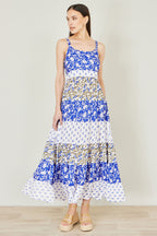 Yumi White And Blue Rayon Patchwork Print Tiered Maxi Dress