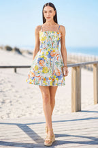 Yumi White Mediterranean Print Cotton Mini Sun Dress