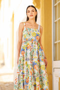 Yumi White Mediterranean Print Cotton Midi Sun Dress