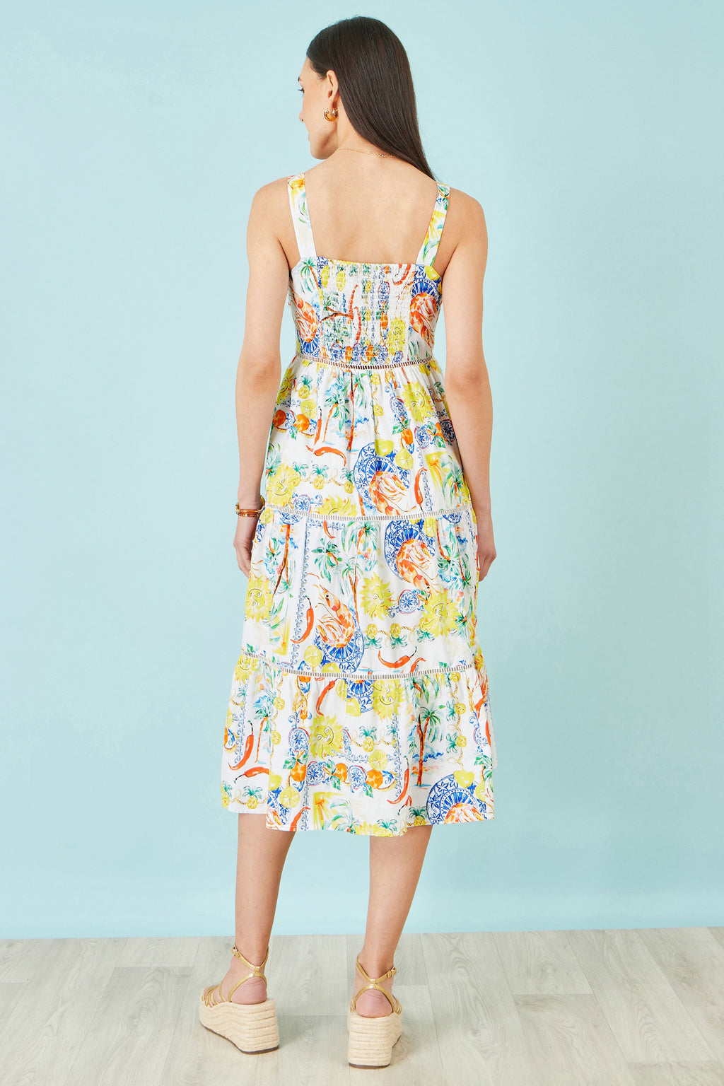 Yumi White Mediterranean Print Cotton Midi Sun Dress