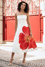 Yumi White Oversize Poppy Placement Midi Sun Dress