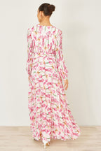 Yumi White Orchid Floral Pleated Wrap Maxi Dress