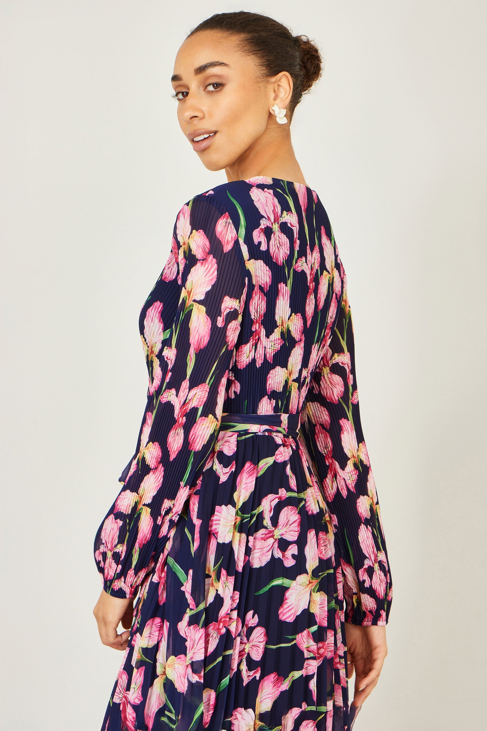 Yumi Navy Orchid Floral Pleated Wrap Maxi Dress