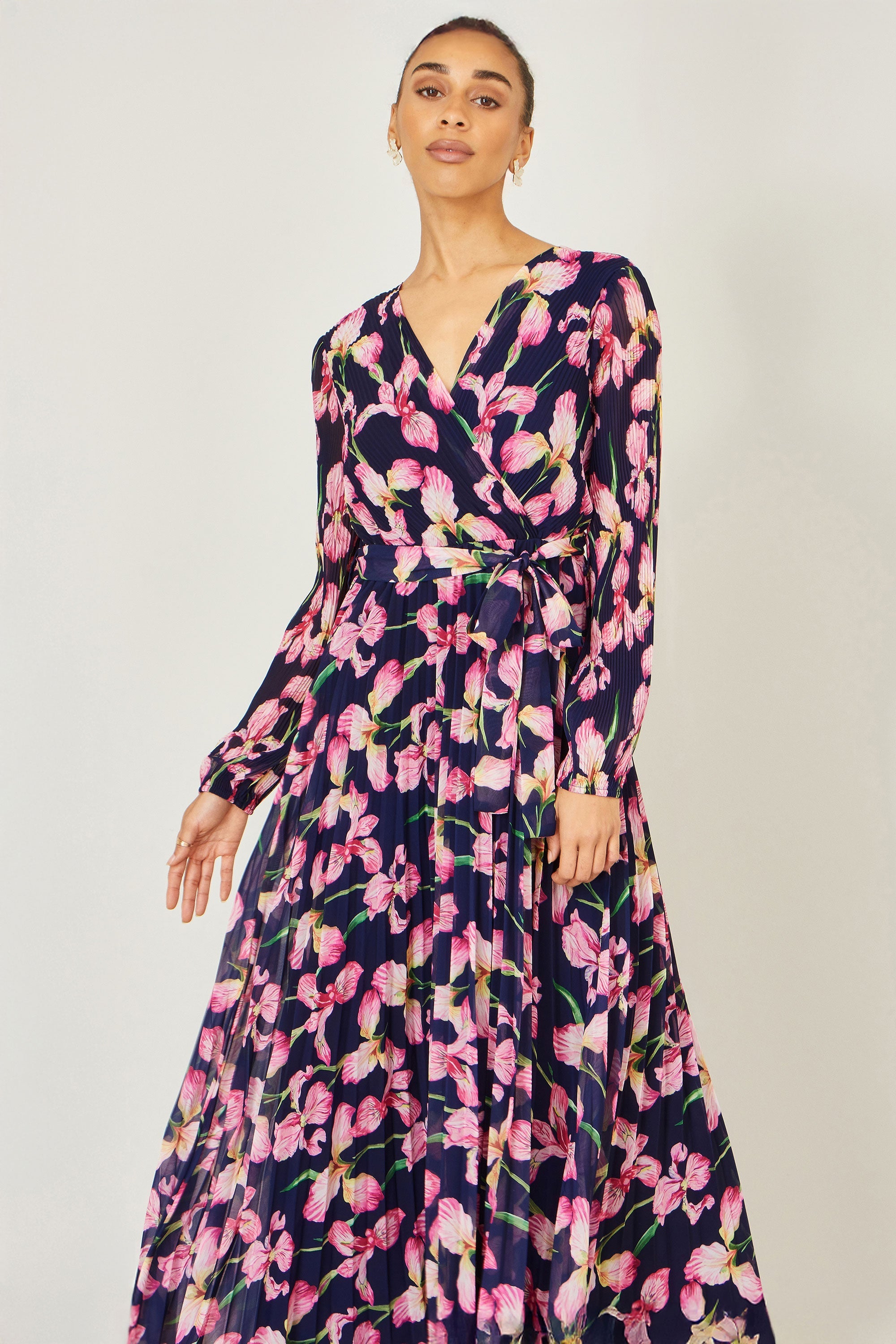 Yumi Navy Orchid Floral Pleated Wrap Maxi Dress