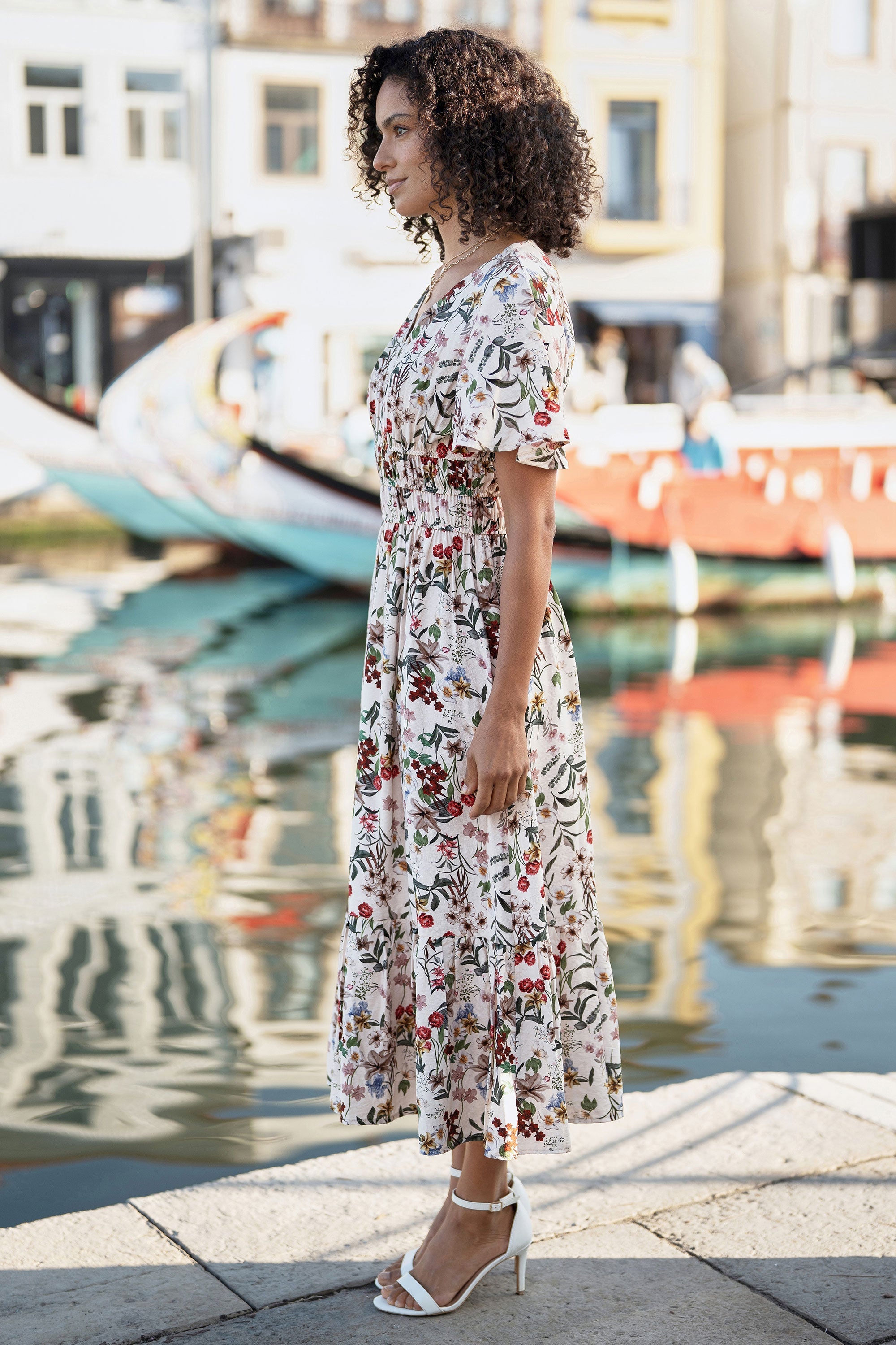 Yumi Ivory Botanical Print Viscose Midi Dress