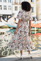 Yumi Ivory Botanical Print Viscose Midi Dress