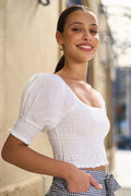 Yumi White Cotton Shirring Puff Sleeve Top