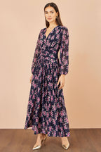 Yumi Navy Floral Mesh Ruched Waist Maxi Dress
