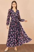 Yumi Navy Floral Mesh Ruched Waist Maxi Dress