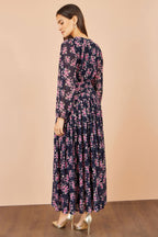 Yumi Navy Floral Mesh Ruched Waist Maxi Dress