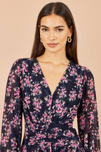 Yumi Navy Floral Mesh Ruched Waist Maxi Dress
