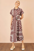 Yumi Brown Scarf Print Midi Shirt Dress