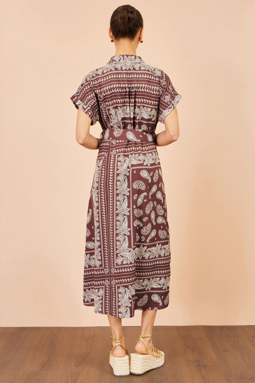 Yumi Brown Scarf Print Midi Shirt Dress