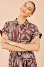 Yumi Brown Scarf Print Midi Shirt Dress