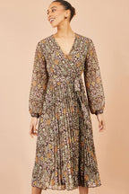 Yumi Brown Ditsy Floral Pleated Midi Dress