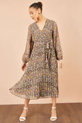 Yumi Brown Ditsy Floral Pleated Midi Dress