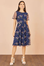 Yumi Navy Embroidered Floral Mesh Prom Dress
