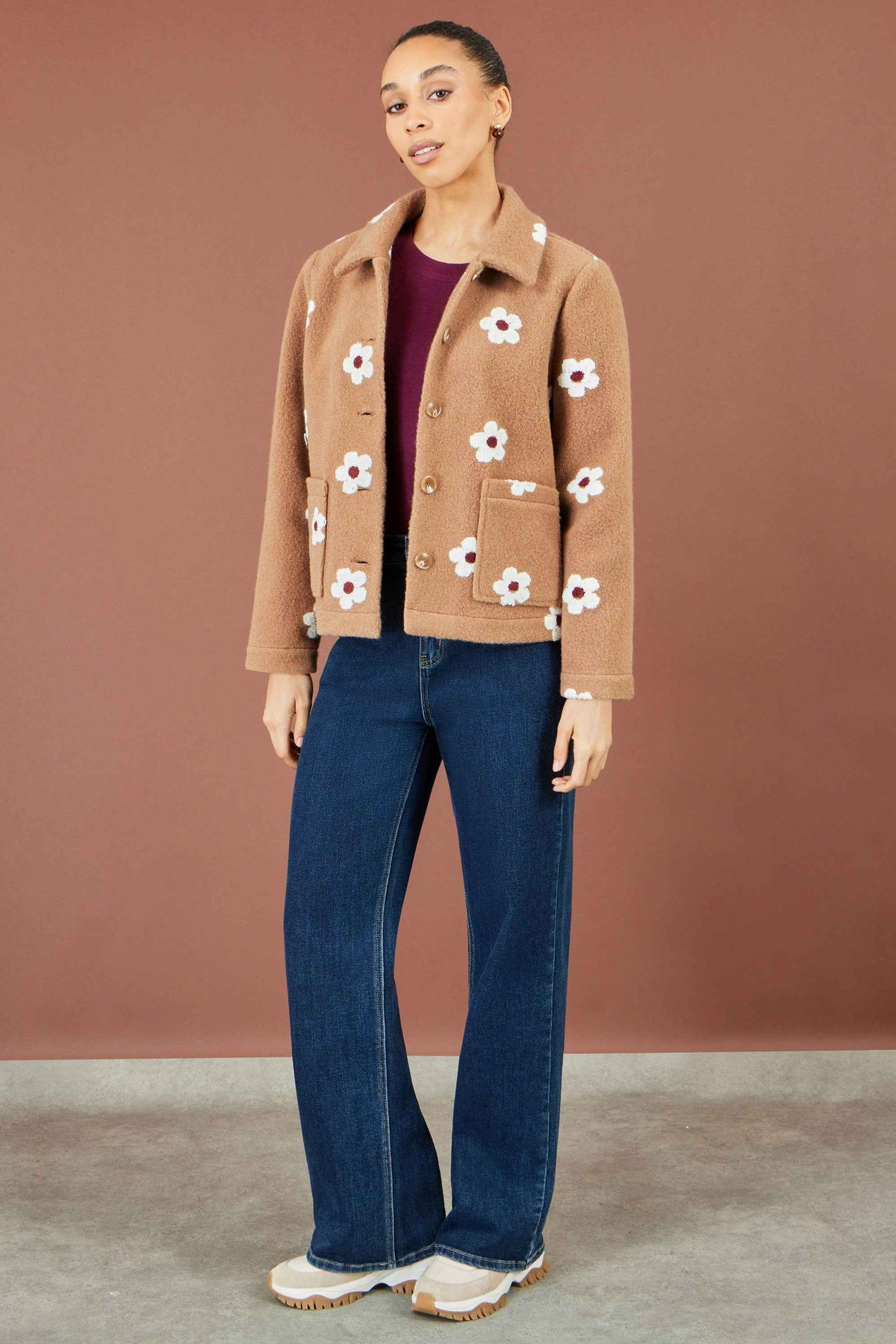 Yumi Brown Embroidered Daisy Fleece Jacket