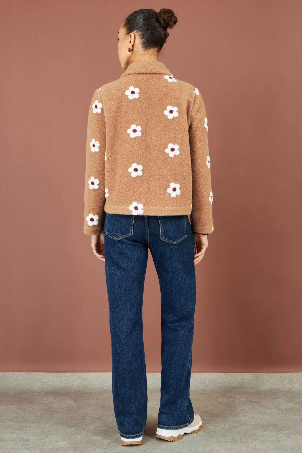 Yumi Brown Embroidered Daisy Fleece Jacket