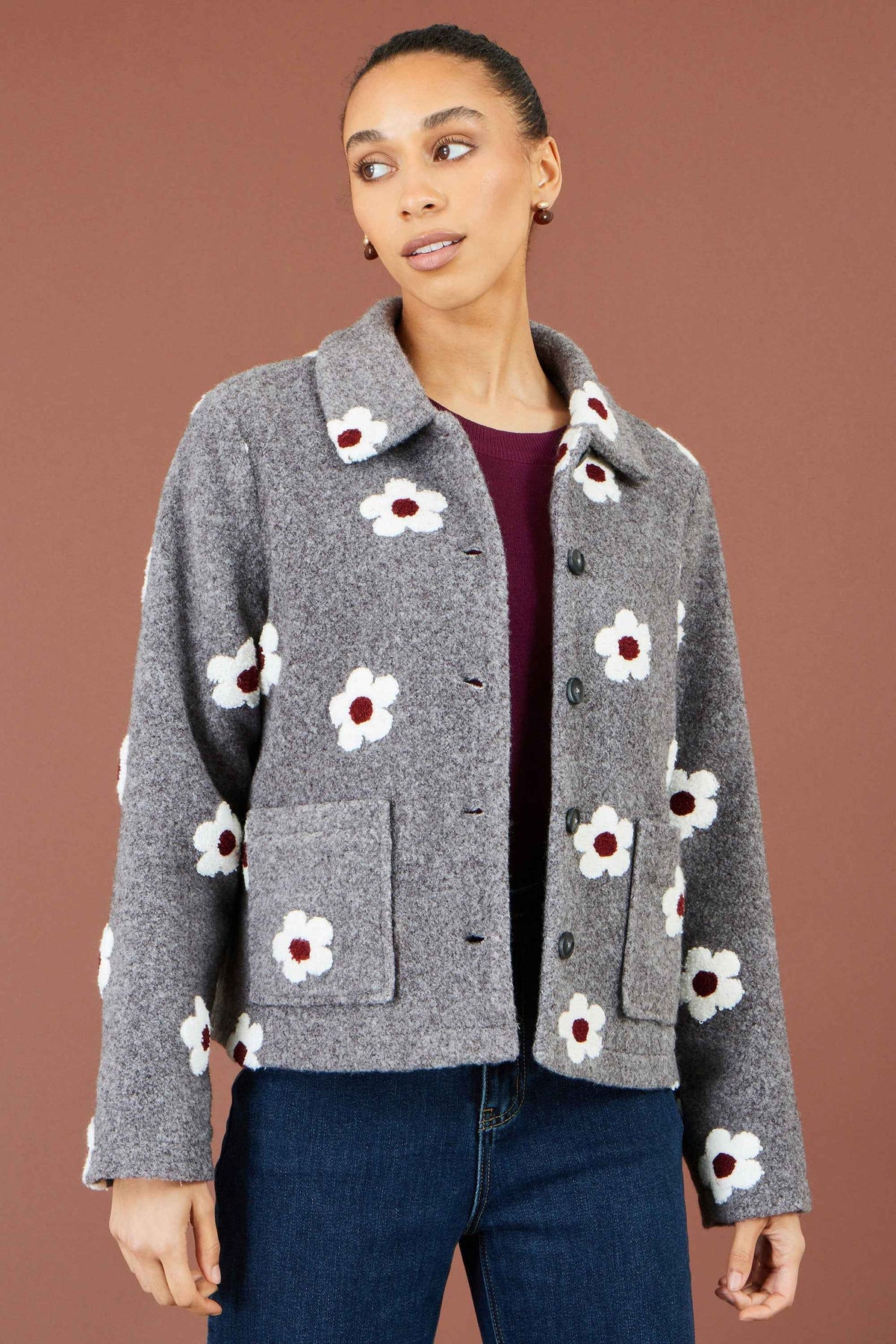 Yumi Grey Embroidered Daisy Fleece Jacket