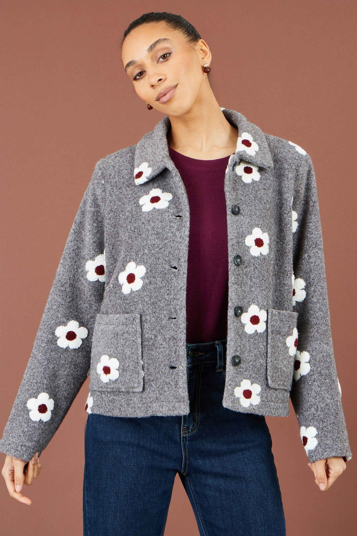Yumi Grey Embroidered Daisy Fleece Jacket