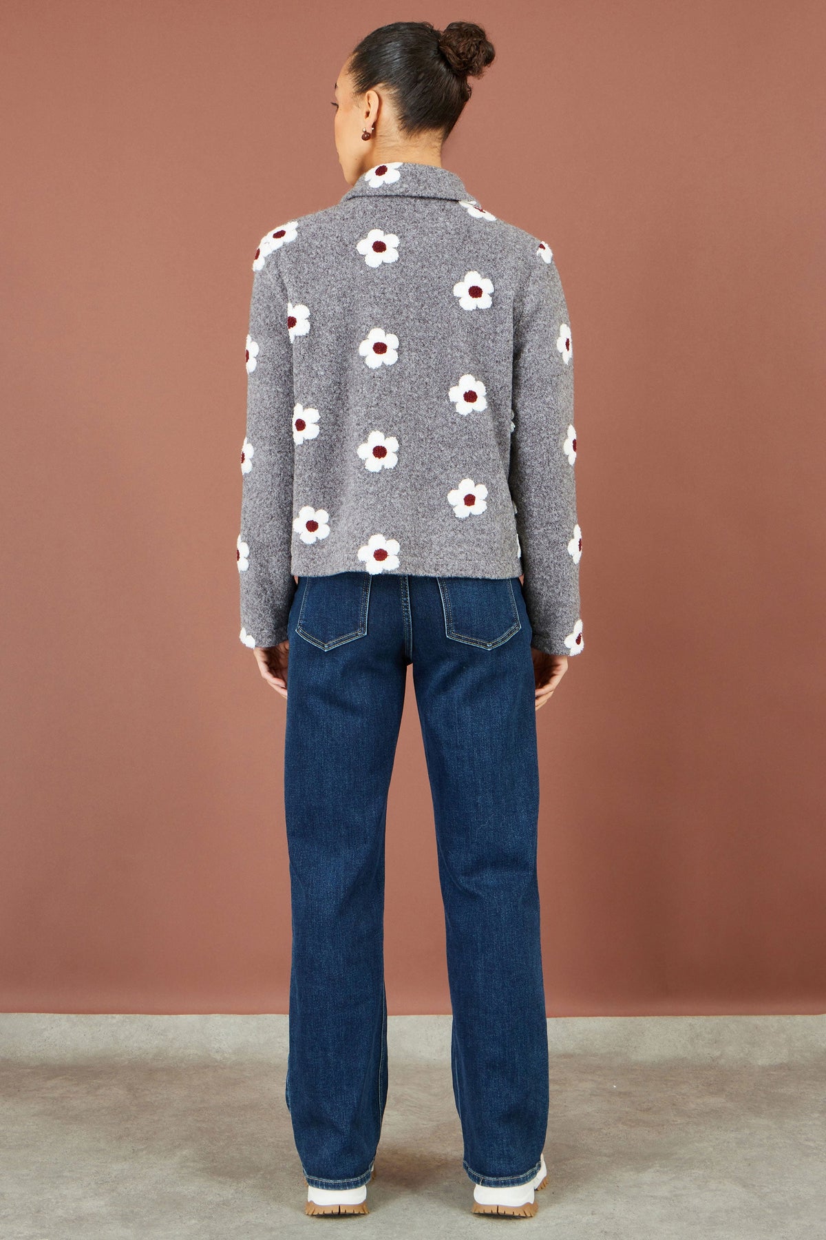 Yumi Grey Embroidered Daisy Fleece Jacket