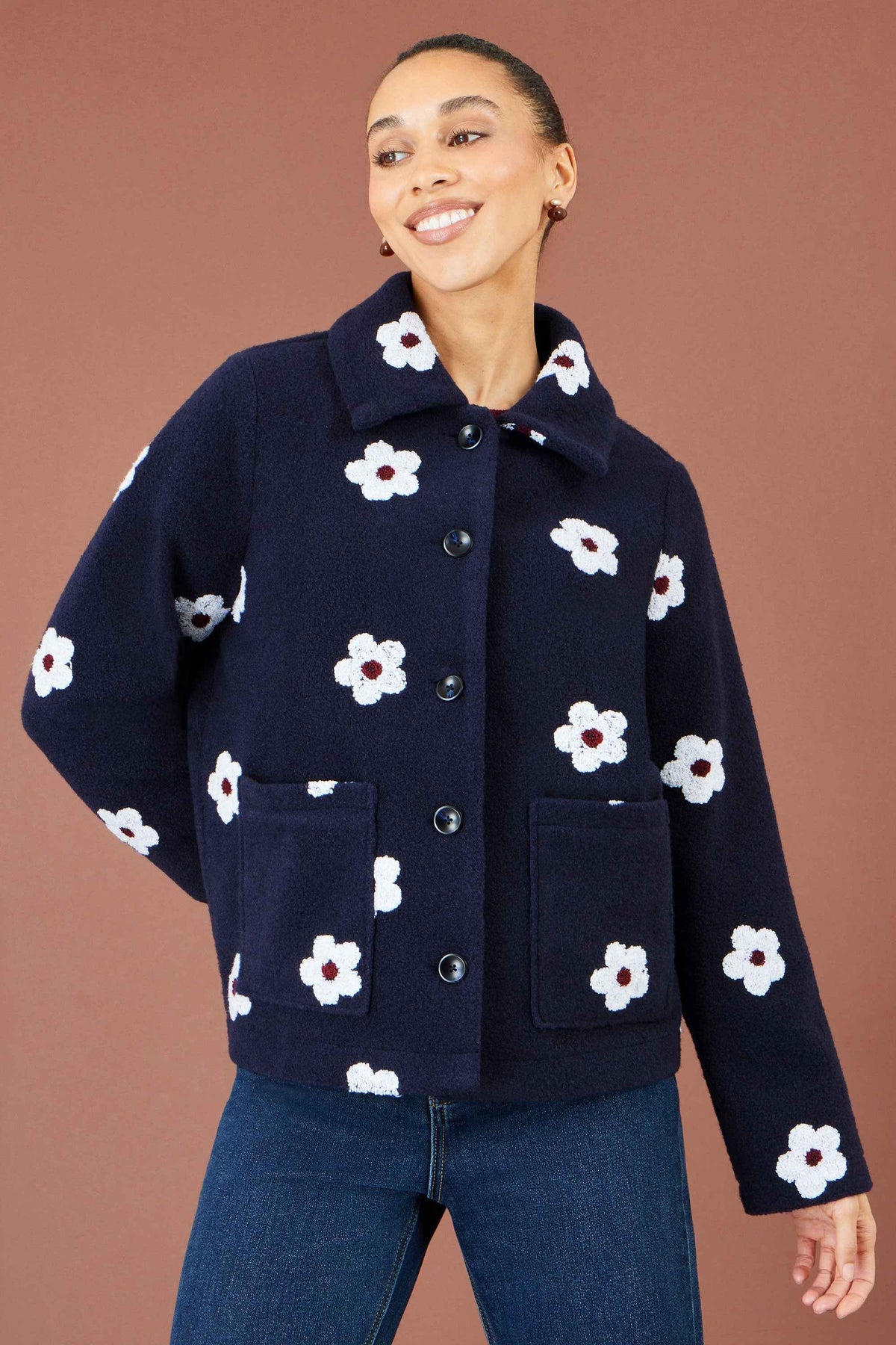 Yumi Navy Embroidered Daisy Fleece Jacket