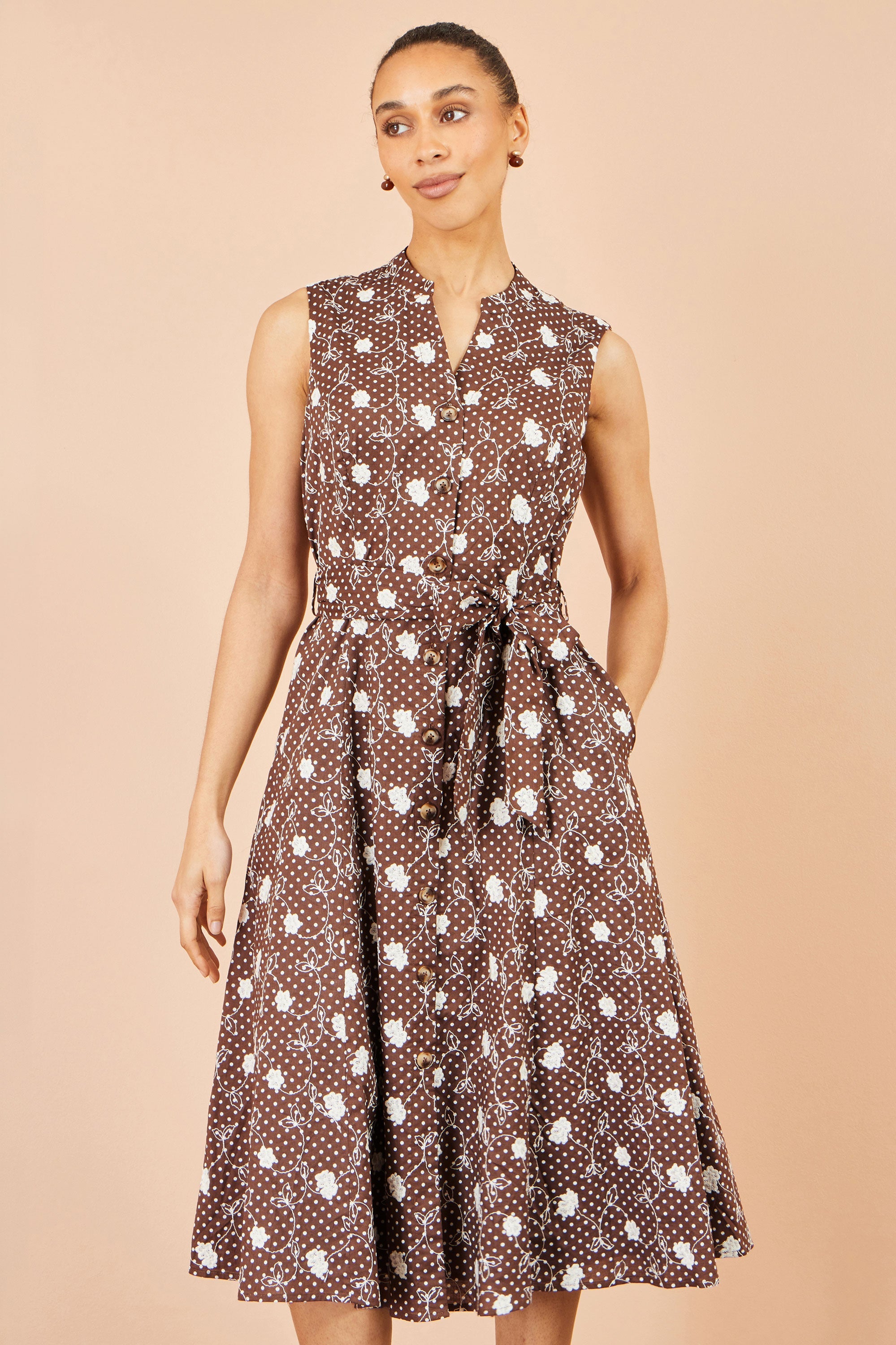 Yumi Brown Cotton Embroidery Shirt Dress