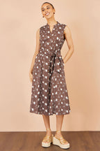 Yumi Brown Cotton Embroidery Shirt Dress