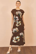 Yumi Brown Mesh Floral Midi Dress