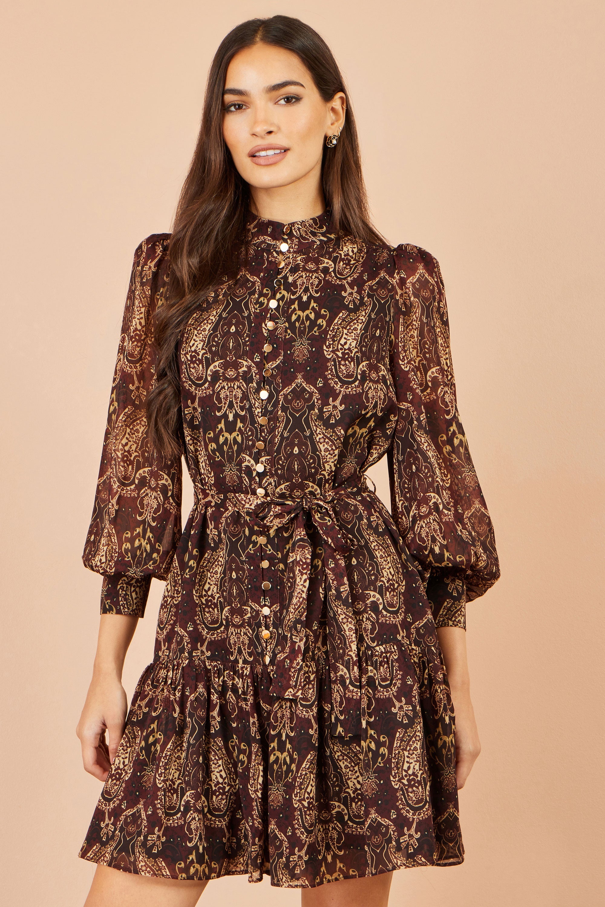 Yumi Brown Paisley Long Sleeve Shirt Dress