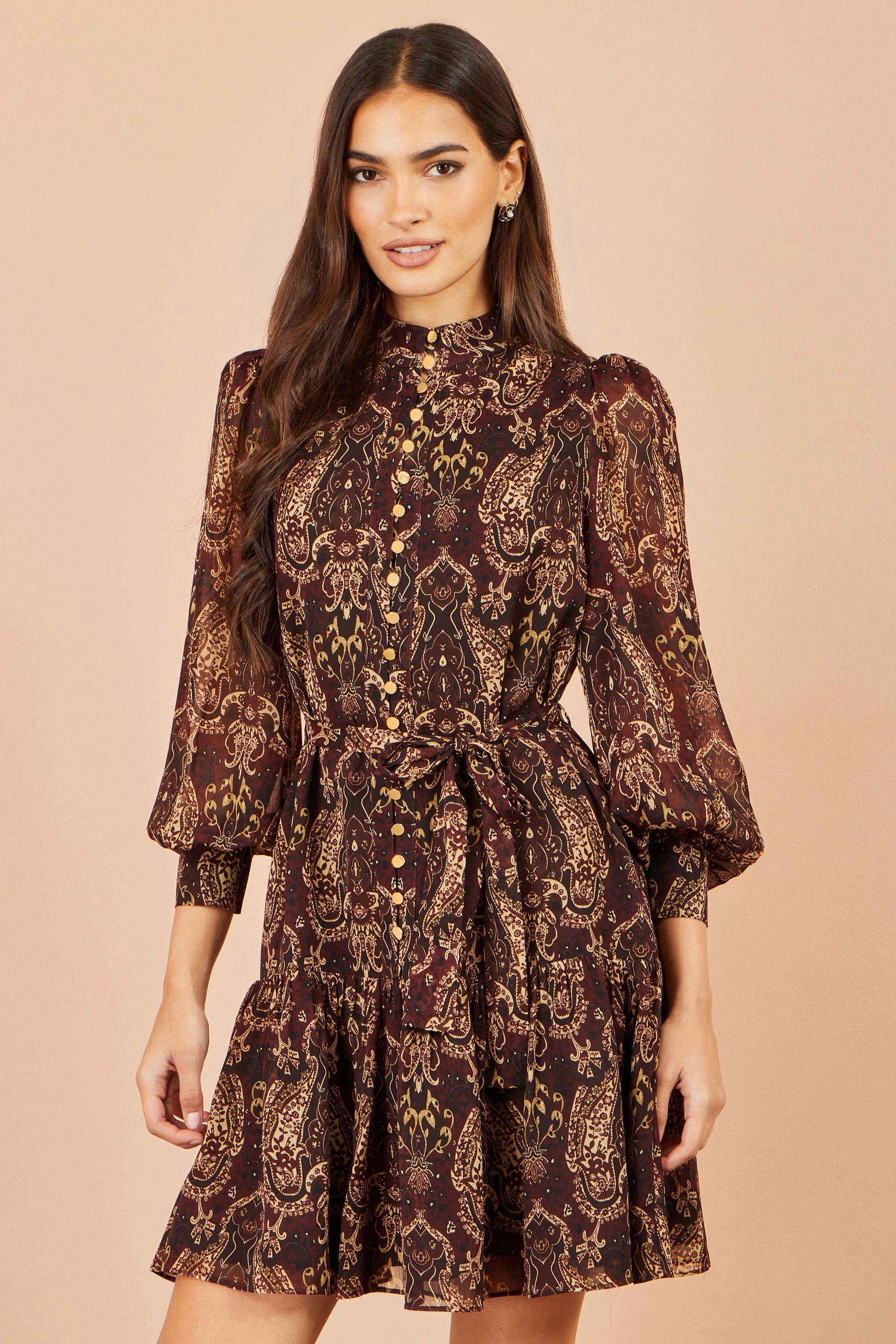 Yumi Brown Paisley Long Sleeve Shirt Dress