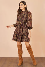 Yumi Brown Paisley Long Sleeve Shirt Dress