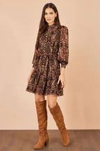 Yumi Brown Paisley Long Sleeve Shirt Dress
