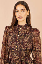 Yumi Brown Paisley Long Sleeve Shirt Dress
