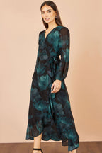 Yumi Black Floral Dipped Hem Wrap Midi Dress
