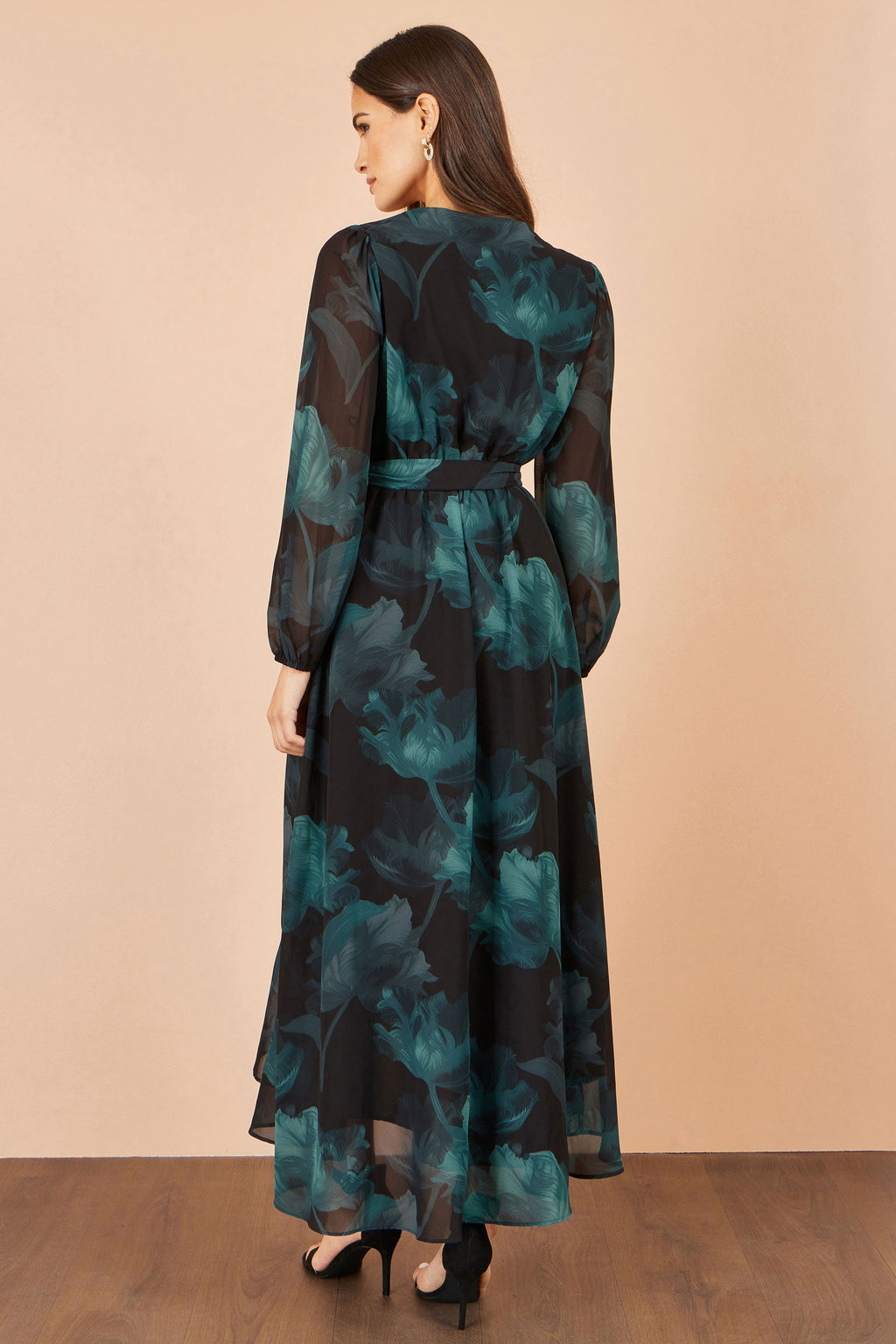 Yumi Black Floral Dipped Hem Wrap Midi Dress