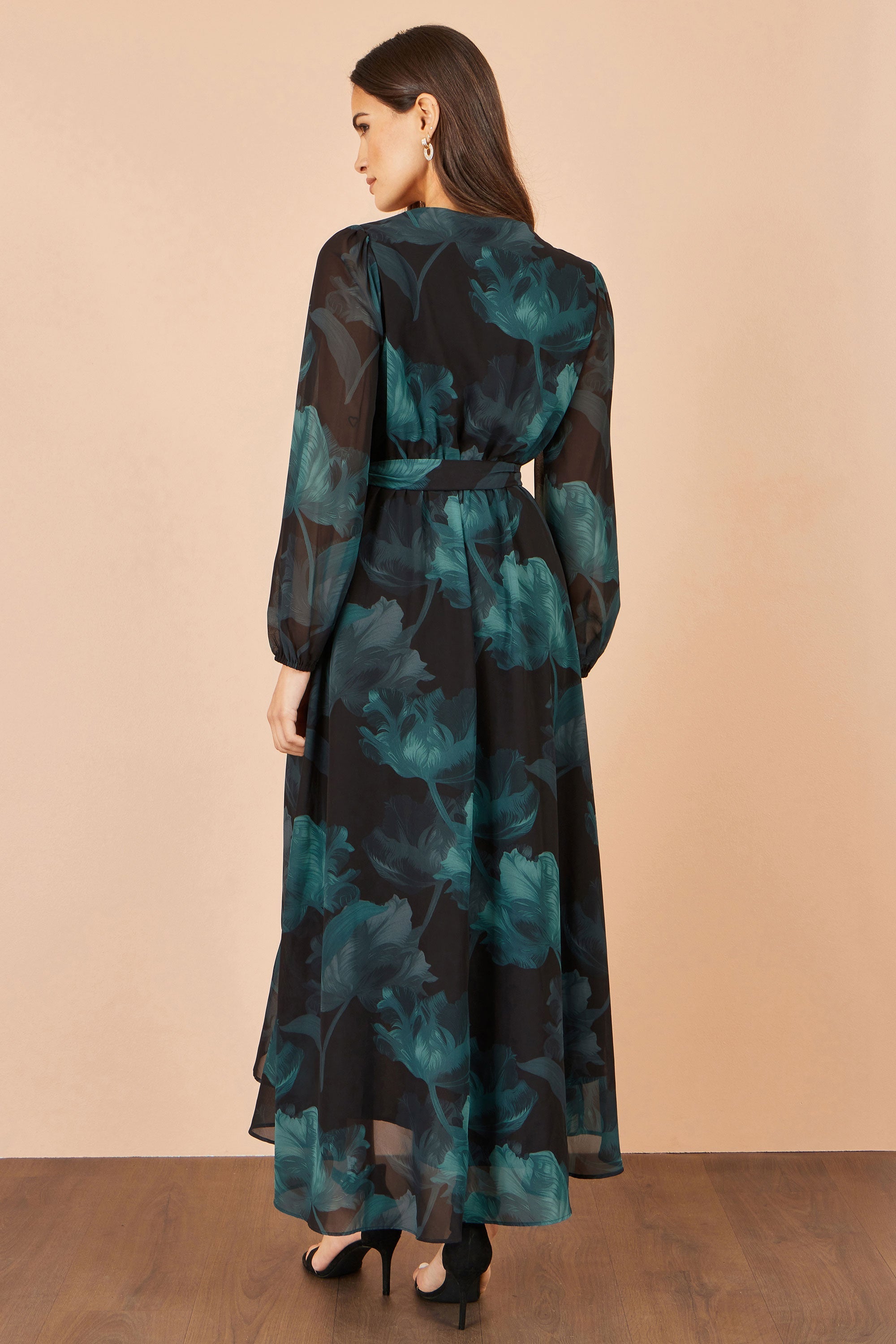 Yumi Black Floral Dipped Hem Wrap Midi Dress