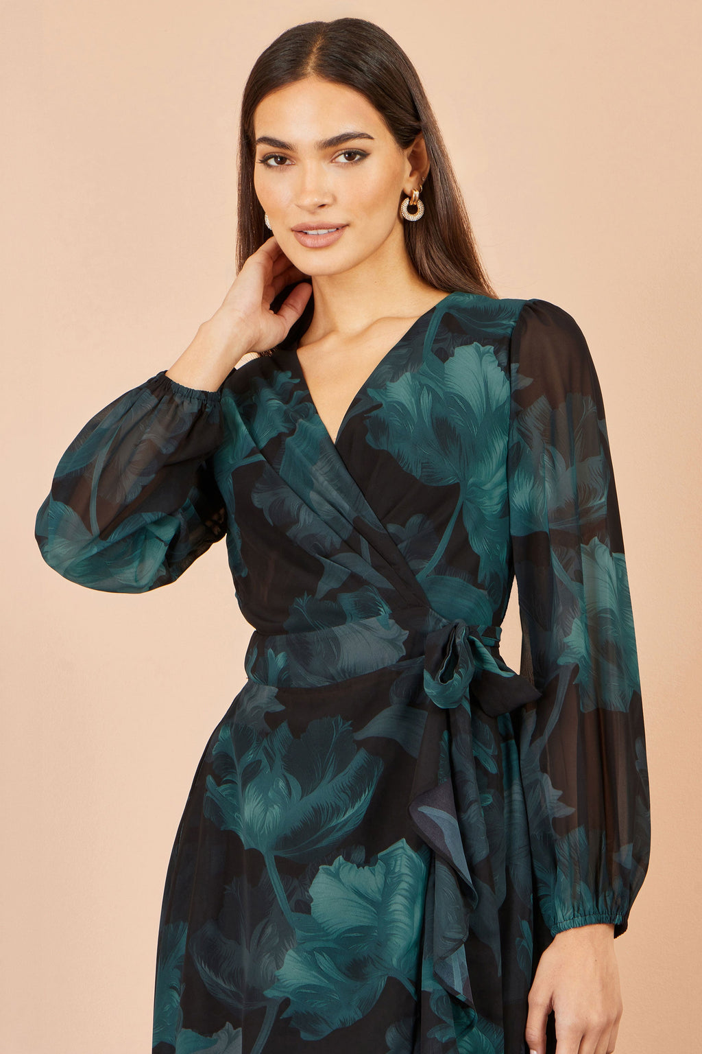 Yumi Black Floral Dipped Hem Wrap Midi Dress