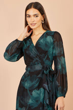 Yumi Black Floral Dipped Hem Wrap Midi Dress