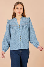 Yumi Blue Cotton Lace Detail Shirt