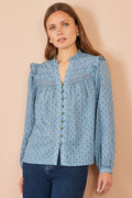 Yumi Blue Cotton Lace Detail Shirt