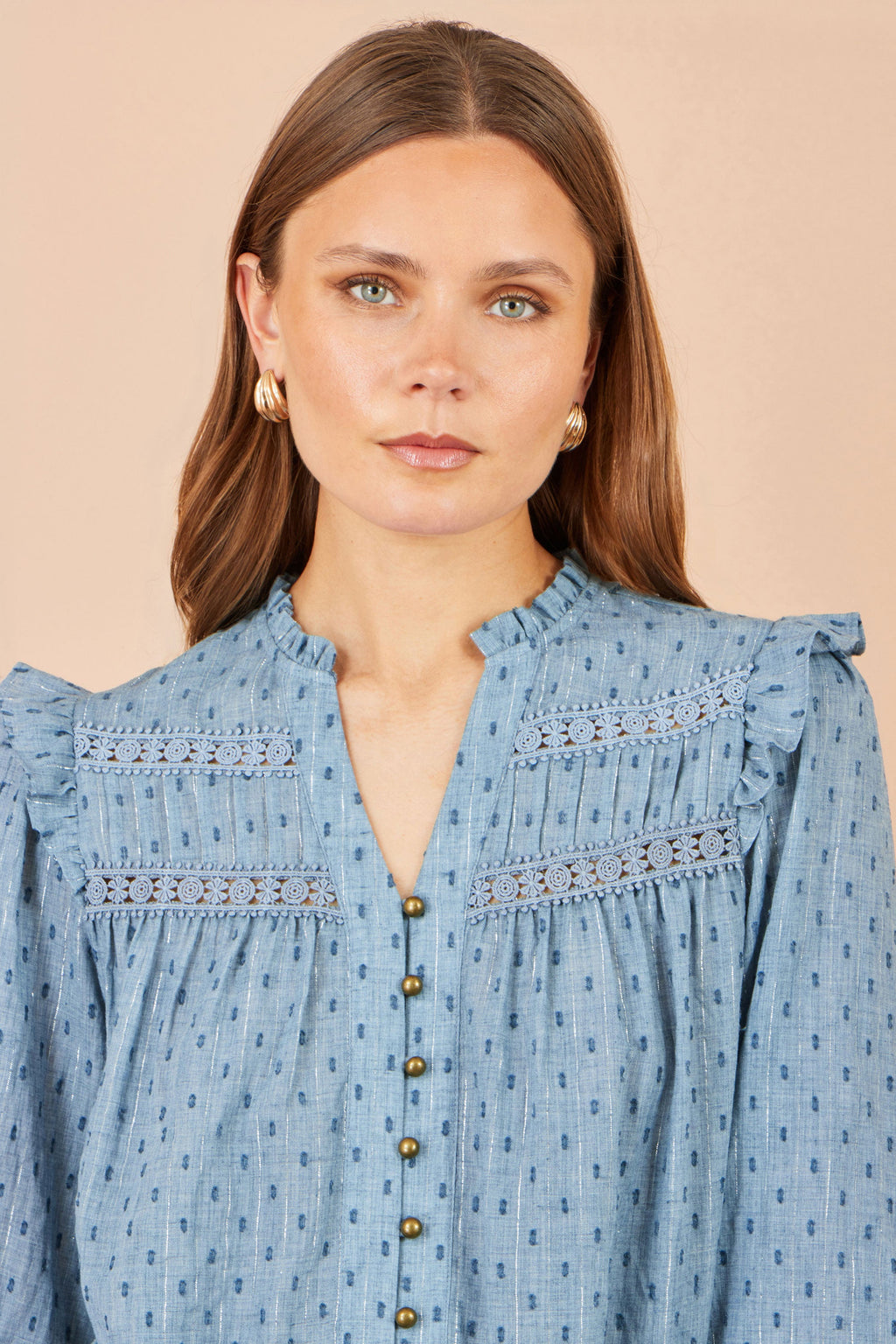 Yumi Blue Cotton Lace Detail Shirt
