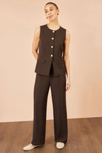 Yumi Brown Long Line Button Waistcoat Top