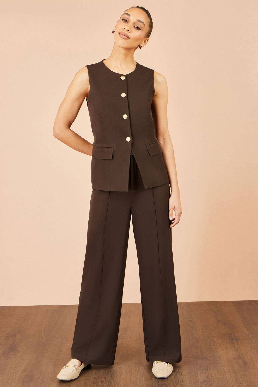 Yumi Brown Wide Leg Stretch Trousers