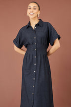 Yumi Navy Stretch Midi Shirt Dress